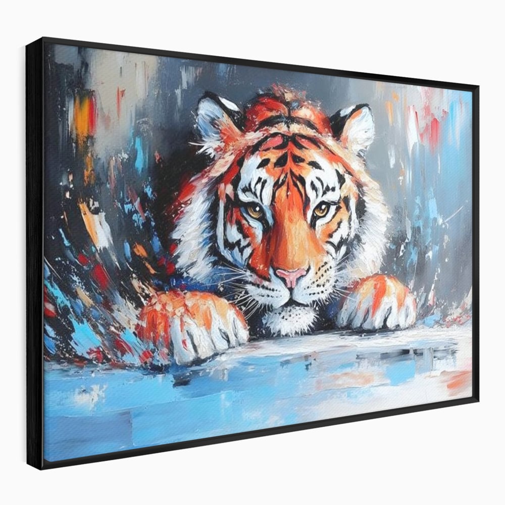 Tablou canvas cu tablou canvas cu pictura de tigru, in rama de aluminiu negru